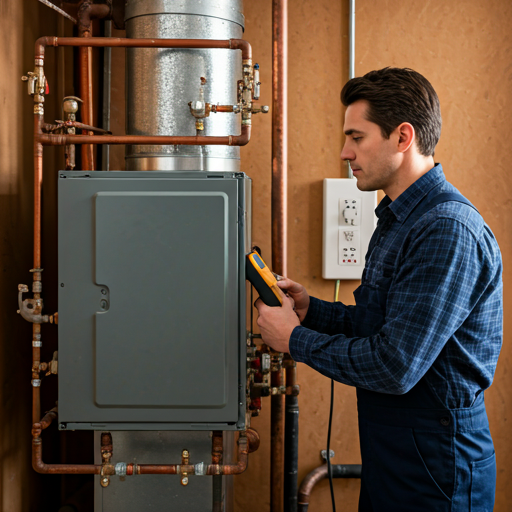 Technician inspecting a modern furnace heating system with specialized measuring equipment in a clean residential utility room