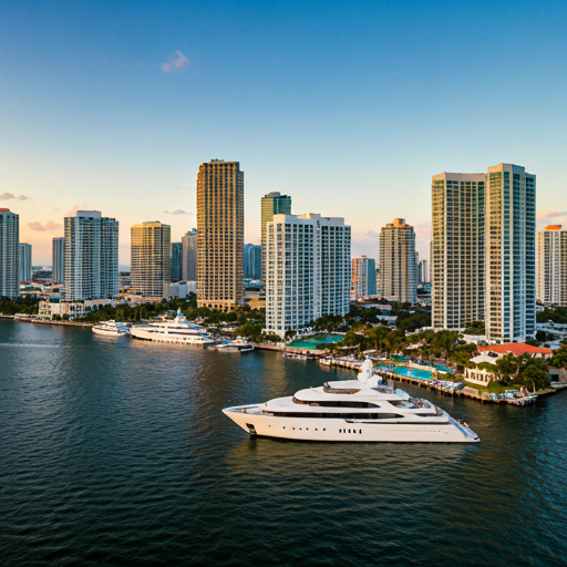 Panoramic aerial view of Fort Lauderdale skyline and luxury yachts along the Intracoastal Waterway at sunrise