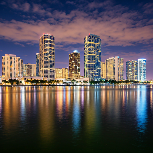 Vibrant Fort Lauderdale skyline with city lights reflecting in the coastal waterways at twilight