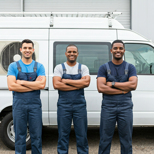 Diverse team of smiling professional HVAC technicians standing in front of a clean white service van