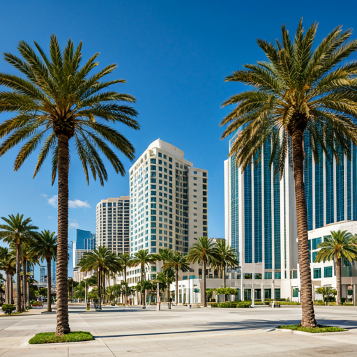 Modern architecture and palm trees in downtown Boca Raton during a clear sunny day with blue skies