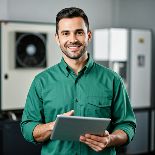 Friendly professional HVAC technician in a green uniform