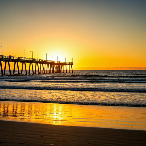 Pompano Beach pier and beach front with golden sunset light reflecting off the Atlantic Ocean waves