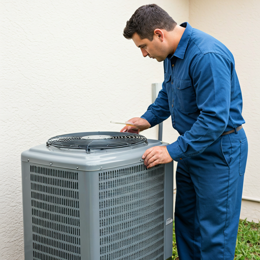 Professional HVAC technician in uniform carefully inspecting a modern air conditioning condenser unit outside a South Florida home with bright daylight