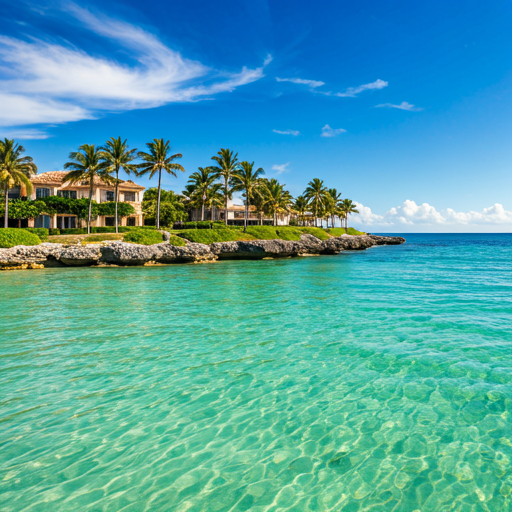 Scenic view of Palm Beach coastline with crystal clear water and luxury villas under a bright Florida sun