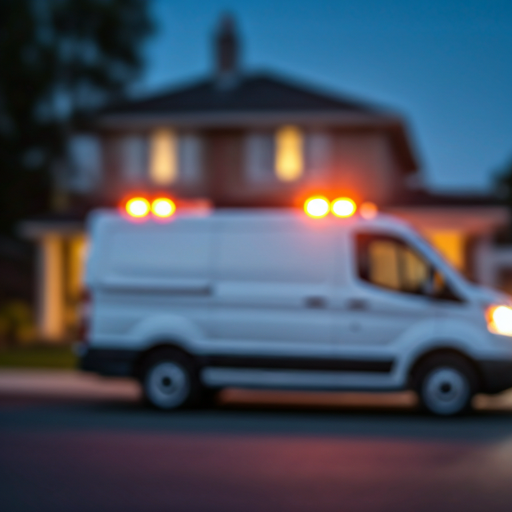 Blurred night scene of a professional service van with emergency lights parked outside a home for 24 hour repair