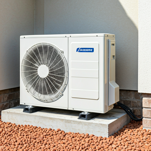 Brand new white outdoor air conditioning compressor unit being installed on a concrete pad next to a luxury suburban home